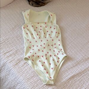 OQQ large light tan cherry, print, cute ribbed seamless, comfy bodysuit tank top